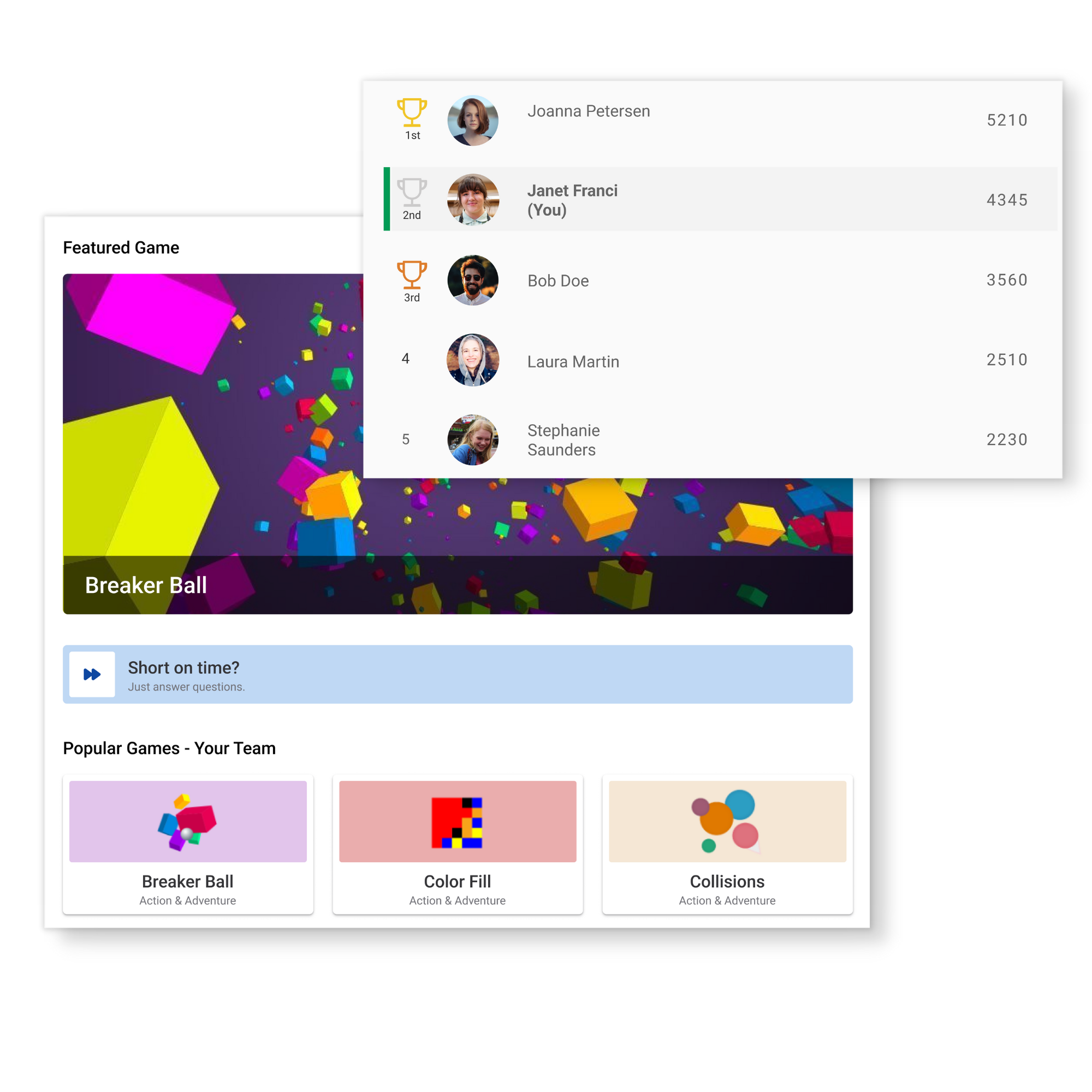 Screenshots of gamification features in Axonify